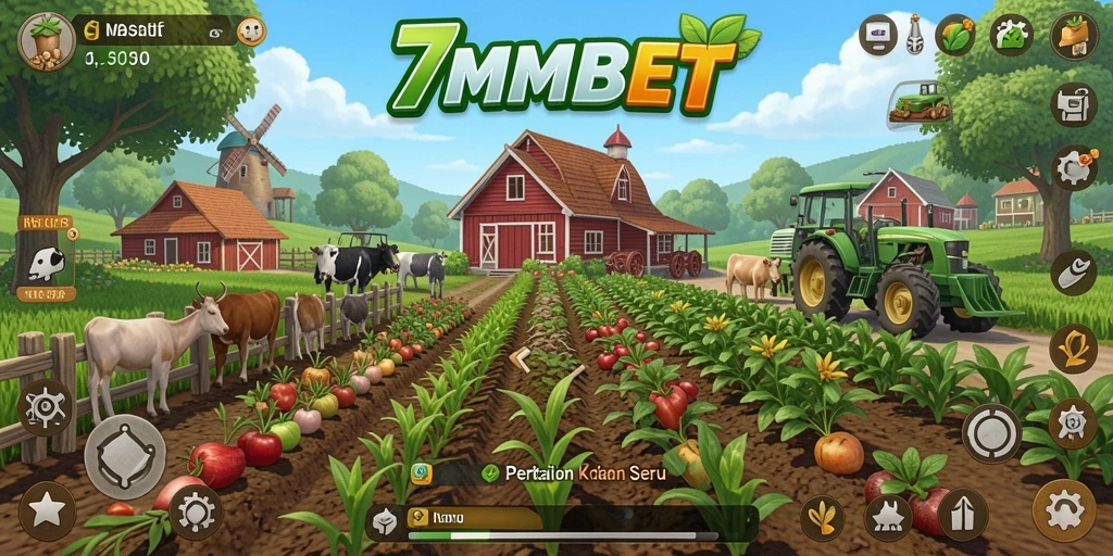 Screenshot utama 7MMBET menampilkan pemain yang sedang bertani dengan penuh semangat.