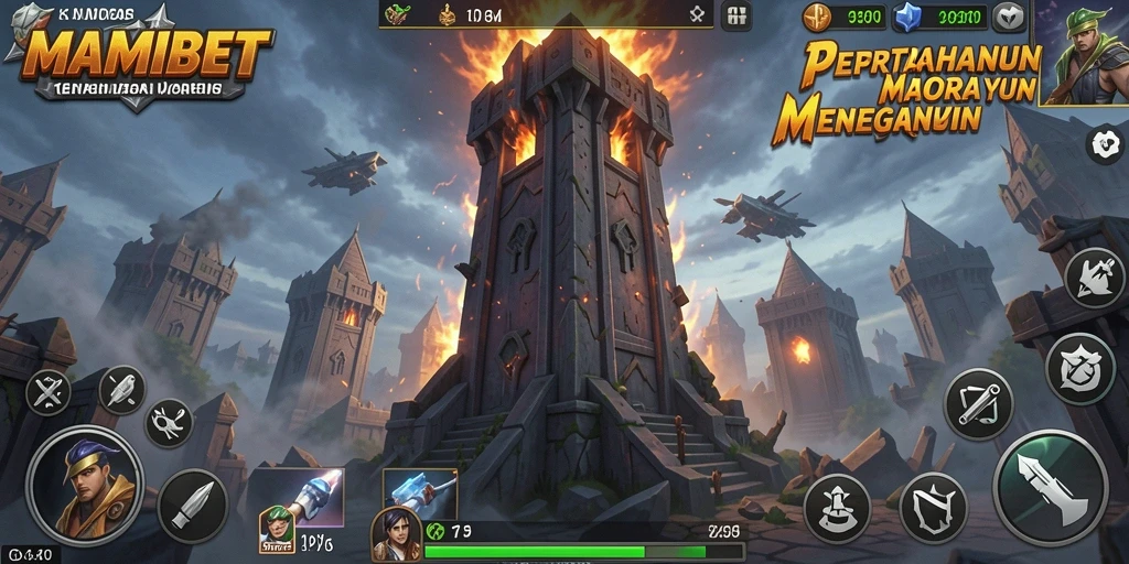Gameplay MAMIBET menunjukkan menara pertahanan yang berfungsi menghadapi gelombang musuh.