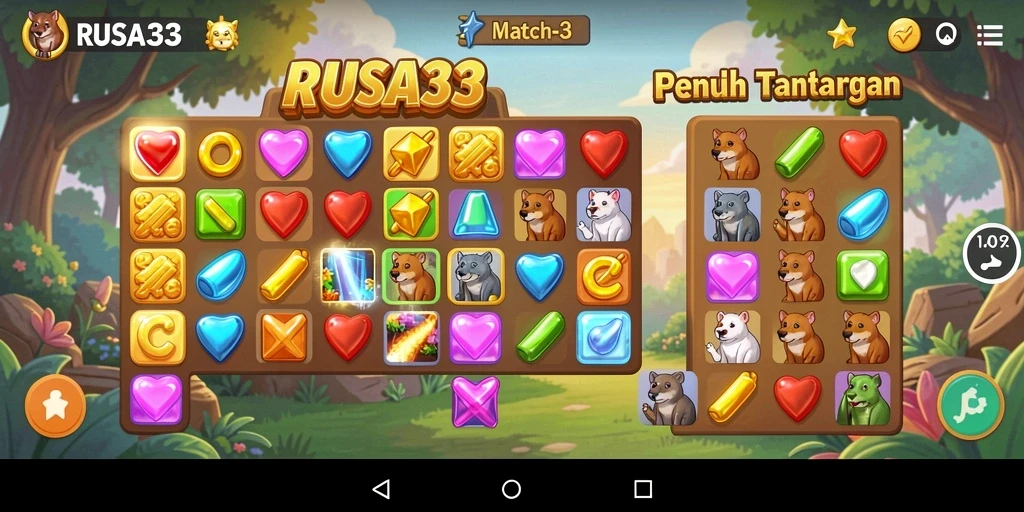 Screenshot utama RUSA33 menampilkan gameplay Match-3 yang seru dan penuh warna.