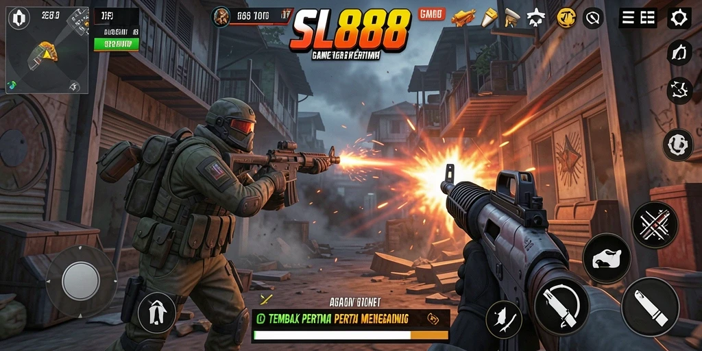 Screenshot menampilkan aksi tembak-menembak seru di SL888.