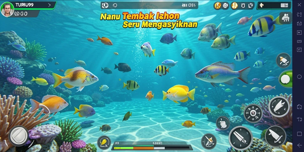 Screenshot utama TURU99 menampilkan aksi menembak ikan yang seru.
