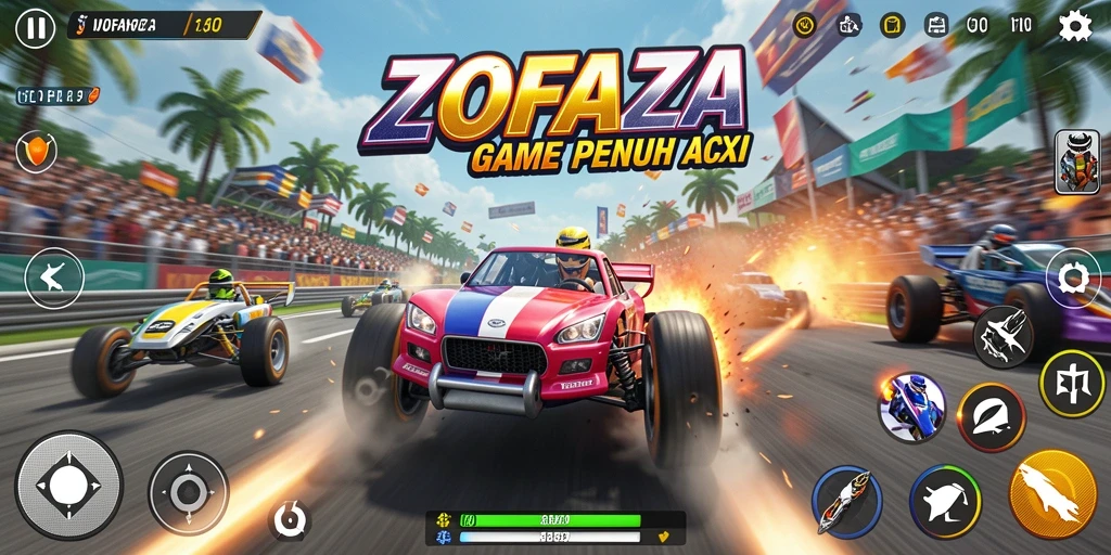 Gameplay menantang di ZOFAZA dengan mobil balap berkecepatan tinggi.